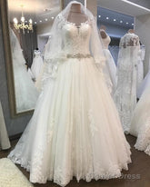A-Line Crystal Beaded Sashes Lace Appliques Long Sleeves Tulle Wedding Dresses
